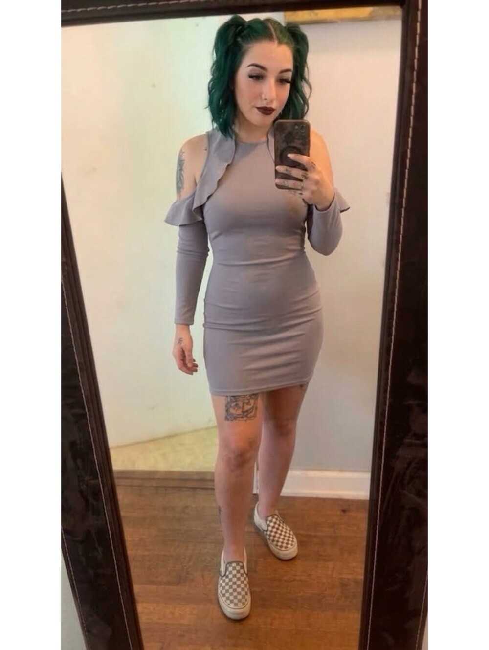 Missguided Cold Shoulder Bodycon Mini Dress Ruffle High Neck Grey Taupe Size 1
